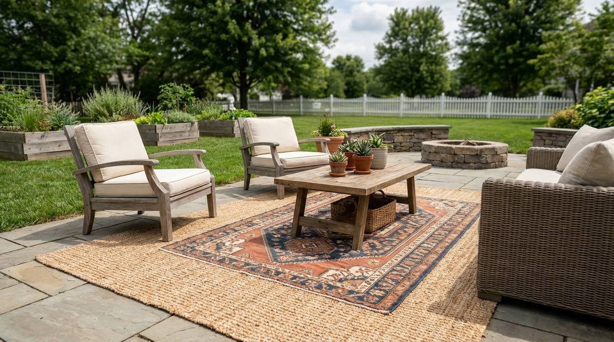 A double-layered area rug setup with a smaller patterned rug layered on top of a larger neutral jute or sisal base, creating dimension and defining zones in a modern boho-style living or dining area.