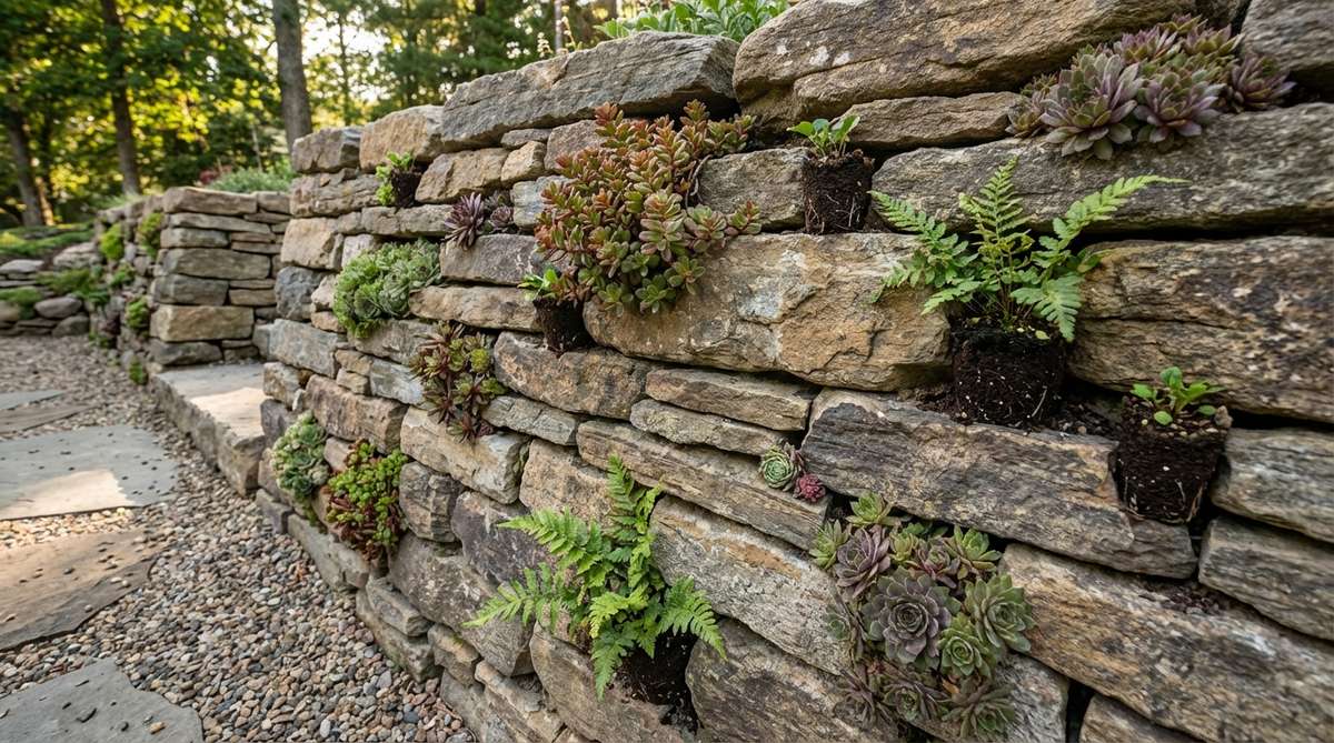 A close-up view of a dry stone wall with drought-tolerant alpine plants like sedums, sempervivums, and ferns growing in the crevices. The image shows how plug plants are inserted into horizontal gaps with added soil, transforming the wall into a low-maintenance vertical garden. This technique demonstrates how existing dry-stacked walls can become living features in small garden rockeries.