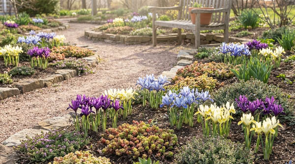 A close-up image of Dwarf Iris (Iris reticulata) showing fragrant purple, blue, or yellow blooms on 4-6 inch stems in early spring, with upright sword-like foliage. The flowers are planted in clusters along a garden pathway, requiring excellent drainage and full sun exposure, and combine beautifully with low-growing sedums in a small garden setting.