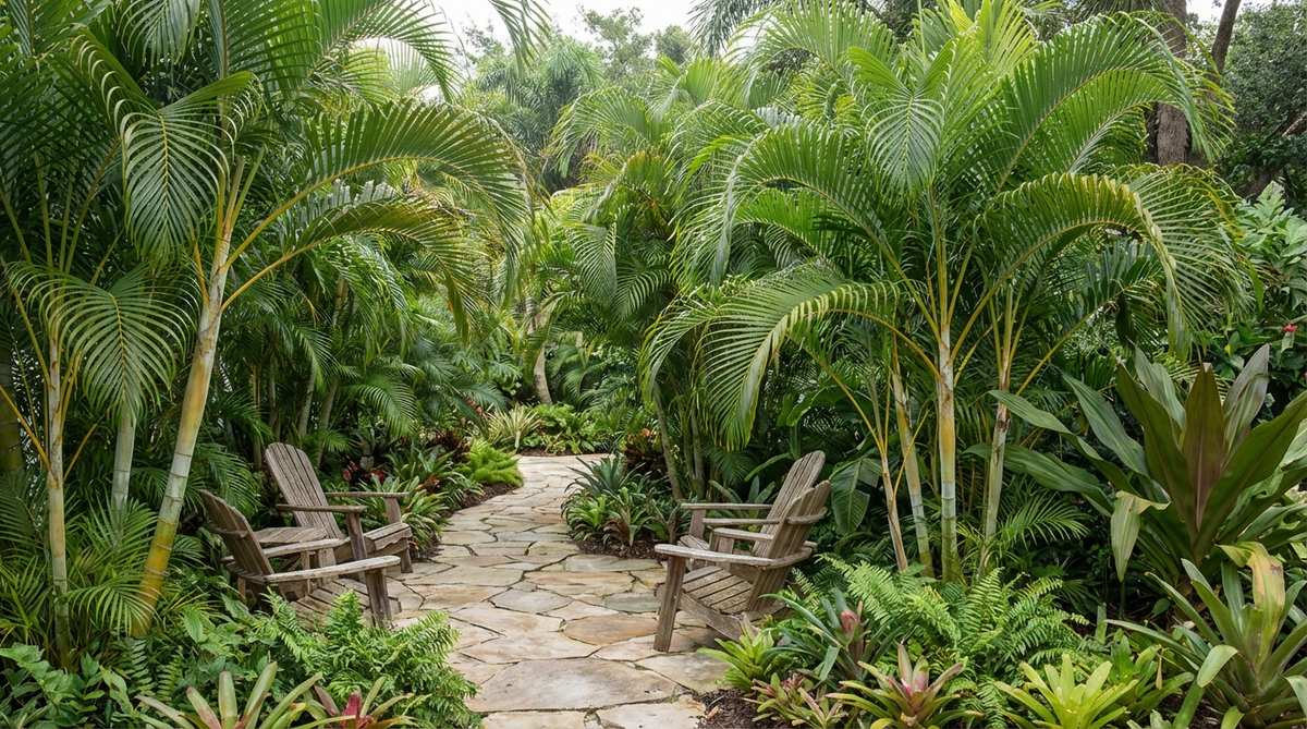 A lush tropical garden scene featuring Dypsis palm species like Dypsis lutescens and Dypsis baronii creating a mid-level canopy at 6-12 feet. The graceful arching fronds elegantly overhang garden pathways and seating areas, with mass plantings of 5-9 palms creating dense tropical foliage. Yellow-green stems provide subtle color variation in the garden's foliage palette.