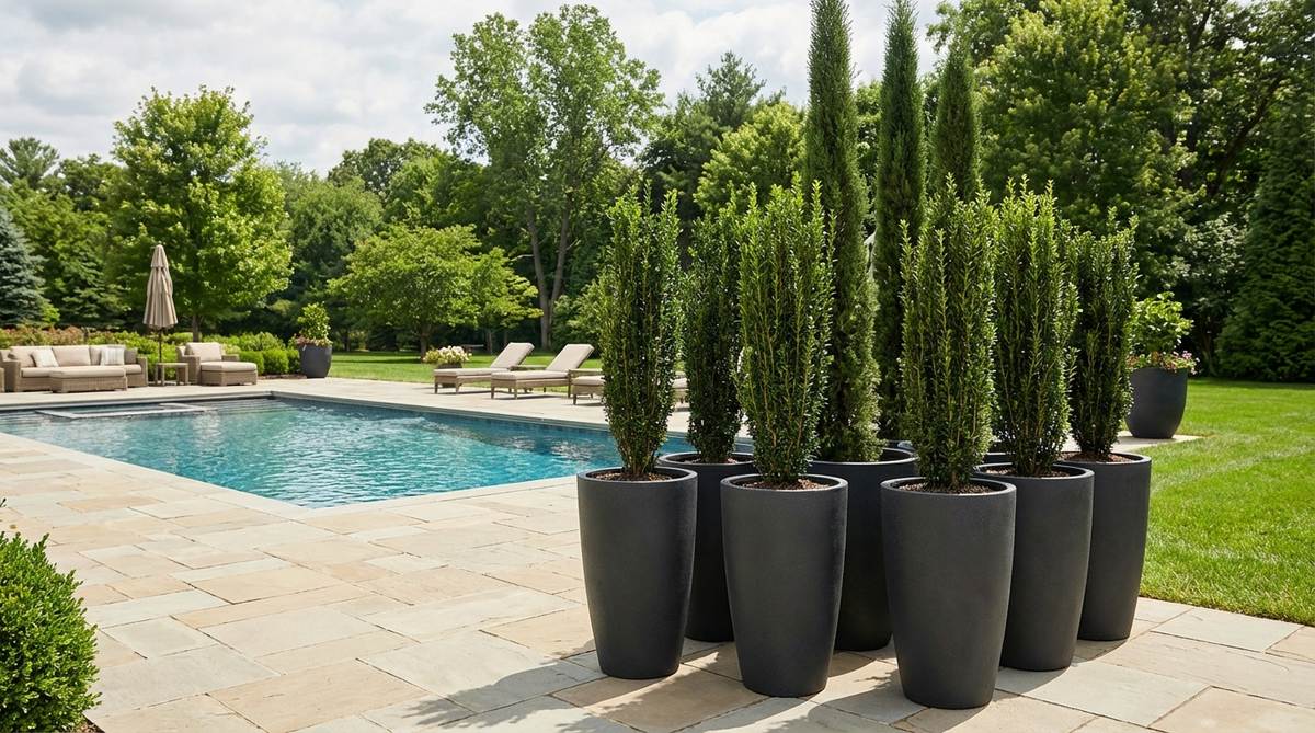 Charcoal fiberglass tapered planters standing 40 inches tall, ideal for creating movable privacy screening with columnar evergreens like Sky Pencil holly or Italian cypress. Perfect for patios and pool areas.