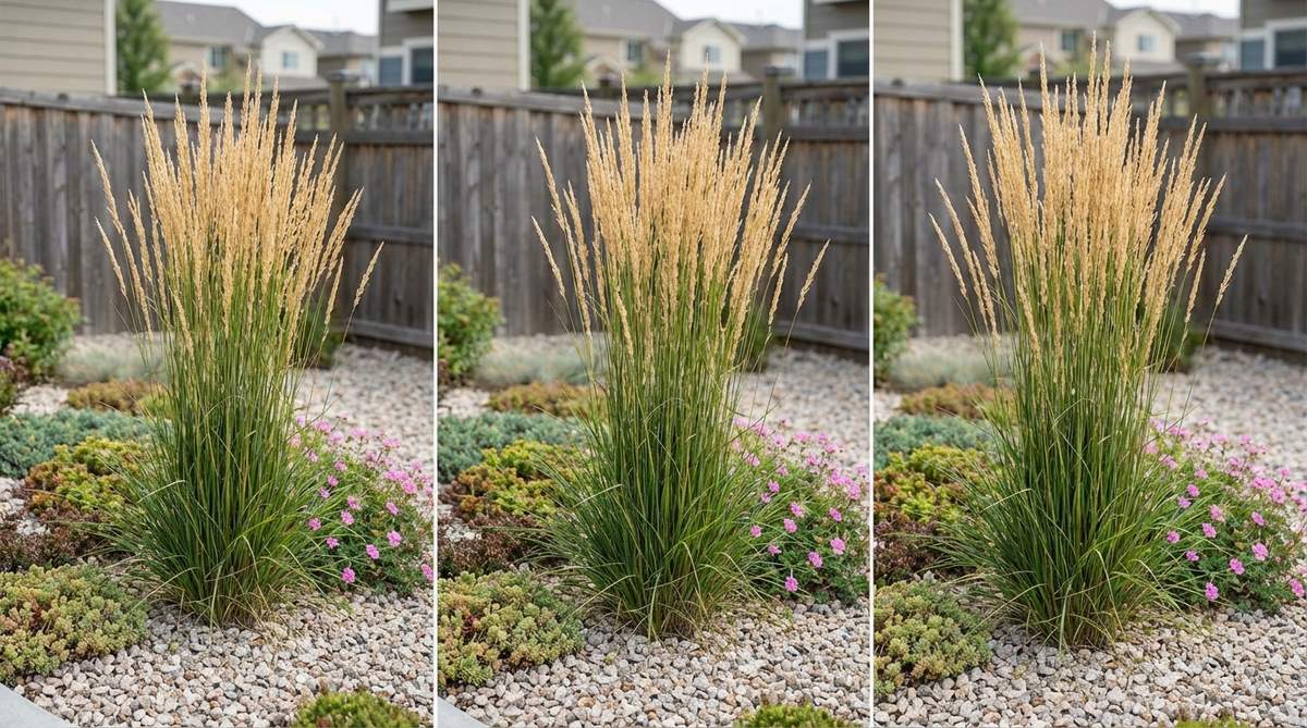 A vertical accent of Calamagrostis × acutiflora 'Karl Foerster' in a gravel garden bed, showcasing its upright growth to 5 feet with wheat-colored plumes, contrasting with low, spreading companion plants like sedums or Geranium 'Wargrave Pink'.