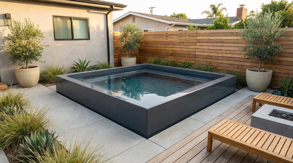 A modern 11x11 foot fiberglass cube pool installed in an urban patio or courtyard garden, showcasing its geometric design that complements contemporary architecture. The pool features a smooth gel-coat finish that resists algae growth, with efficient use of corner space in a compact urban setting.