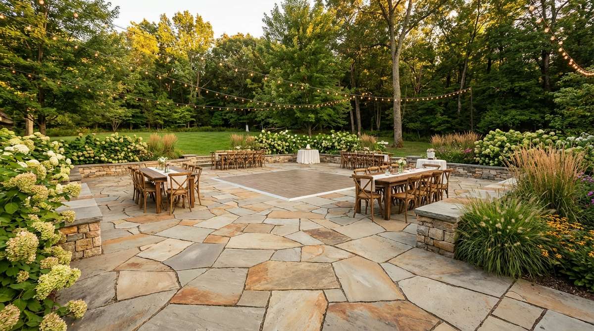 A mortared flagstone patio serving as both dining area and dance floor at a garden wedding, featuring complementary earth tones like buff, gray, and rust stones that photograph warmly in evening light. The irregular stone pattern adds visual interest, edged with low stone walls or planted borders to separate from the lawn.