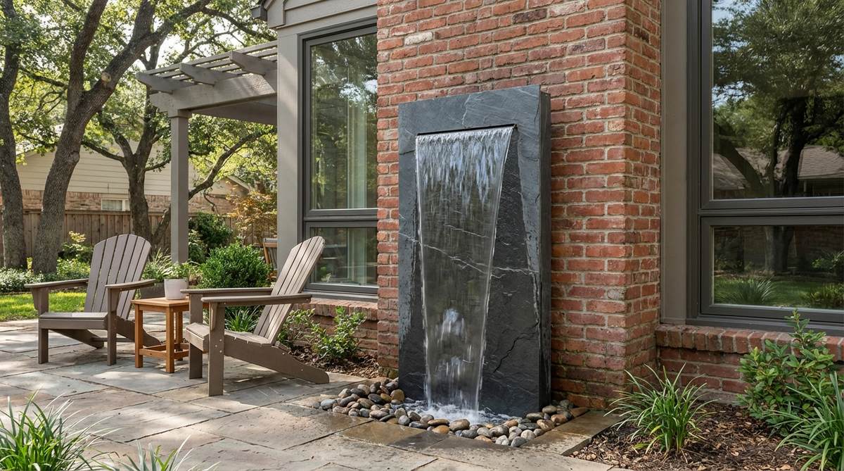 A modern small garden fountain featuring a flat slate panel with water cascading down its surface in a continuous sheet. The slim 40-inch tall by 8-inch wide design fits perfectly between windows or alongside doorways, creating a gentle rustling sound ideal for seating areas. The natural stratification of the slate adds visual texture that complements stone or brick garden walls.