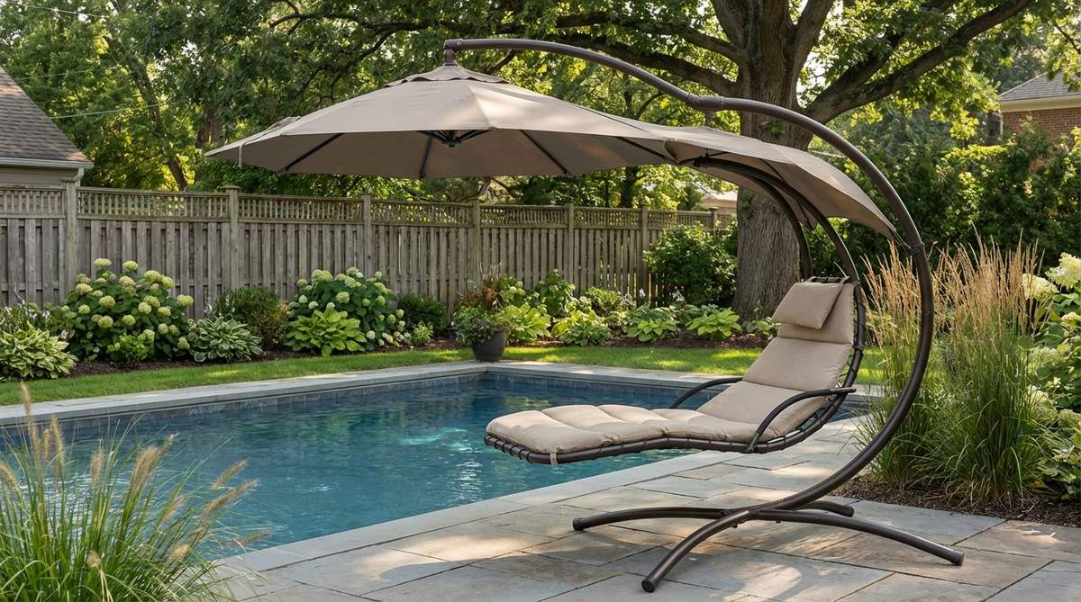 A floating chaise lounge chair suspended from a curved metal stand with polyester cushions and integrated umbrella, positioned near a pool to capture breezes while providing shade and comfortable back support.
