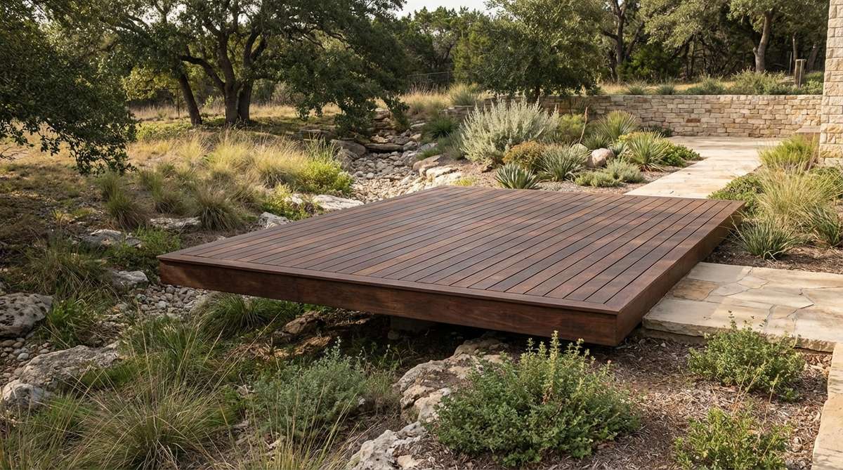A modern garden featuring floating timber decking with hardwood boards like ipe or cedar, installed on concealed supports to create a hovering effect above uneven terrain. The design includes narrow gaps between boards for drainage and thermal expansion, creating an elevated viewing platform with minimal visual bulk.