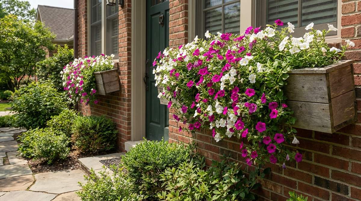 A vibrant floral canopy created by long window boxes mounted above an entry door, featuring trailing magenta and white petunias that spill downward to soften architectural lines. The setup includes a three-inch forward tilt for proper drainage, ideal for continuous flowering through early summer in outdoor spring decor.