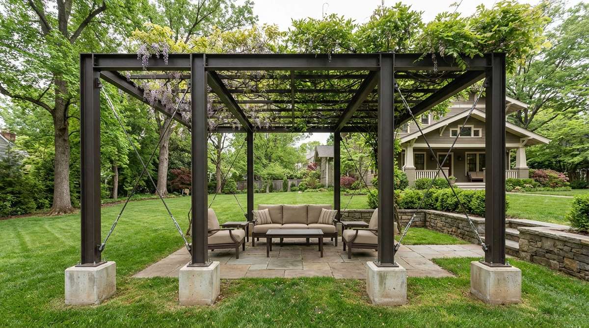 A freestanding steel pavilion frame with four or more columns supporting substantial overhead members, designed for garden decor. This structure accommodates outdoor furniture and provides shelter during light rain, with steel construction allowing spans up to 16 feet without intermediate supports. Anchor corner posts in concrete footings at least 30 inches deep, and use cross-bracing between posts to prevent racking and lateral movement. Options include adding shade cloth, translucent panels, or allowing vines to create natural roofing.