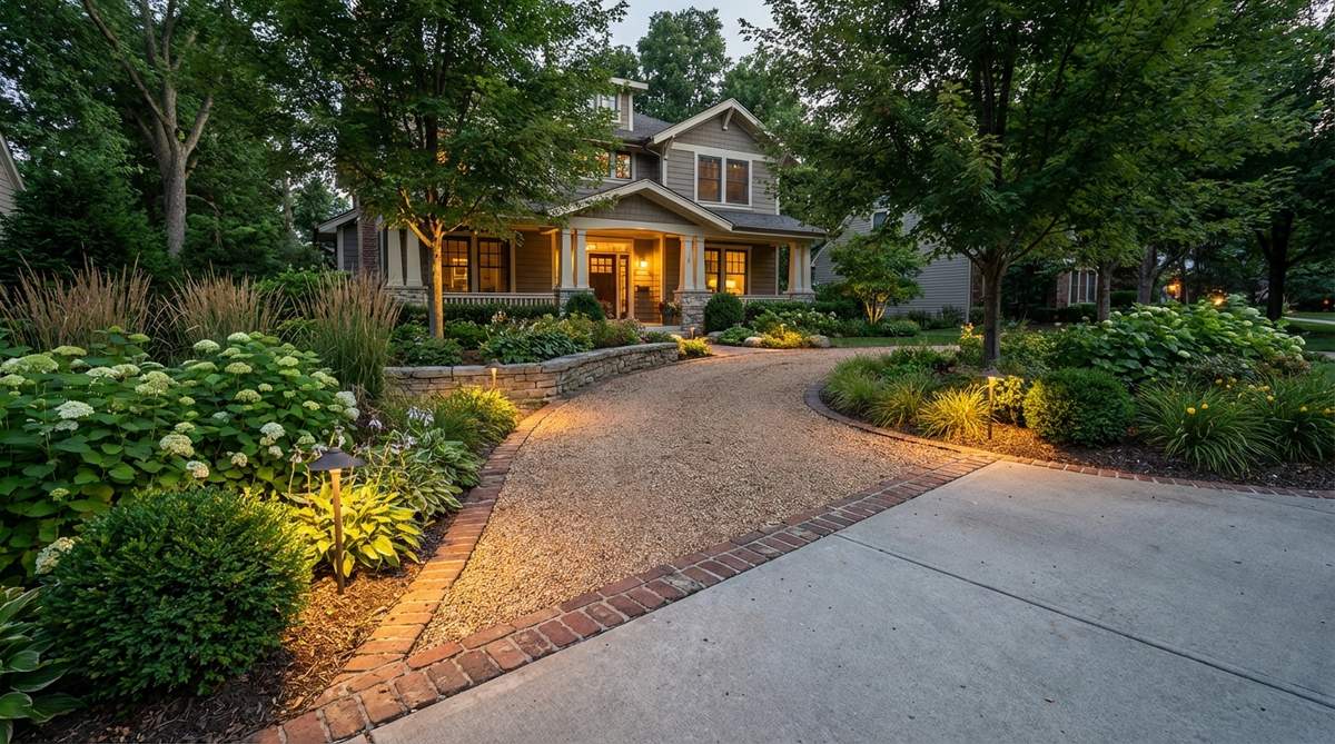 A wide pea gravel path leading from a driveway to a front door, bordered with brick or stone edging and illuminated by landscape lighting, showcasing foundation plantings and enhancing curb appeal.