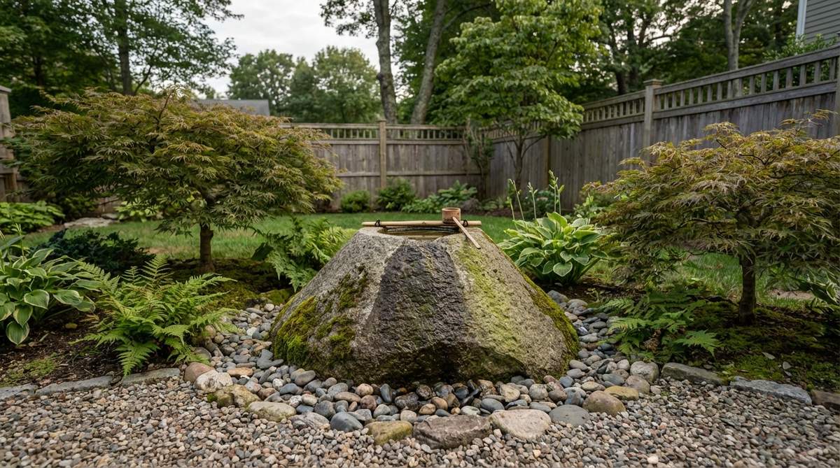 A Fuji-San mountain-shaped basin, a Japanese garden water feature with sloped sides that evoke Mount Fuji's iconic silhouette and a water bowl carved into the summit. This symbolic design connects the garden to Japan's most sacred natural landmark, introducing vertical dimension and maintaining thematic coherence in Japanese-inspired landscapes, with a broad base for exceptional stability on soft ground or sloped sites.