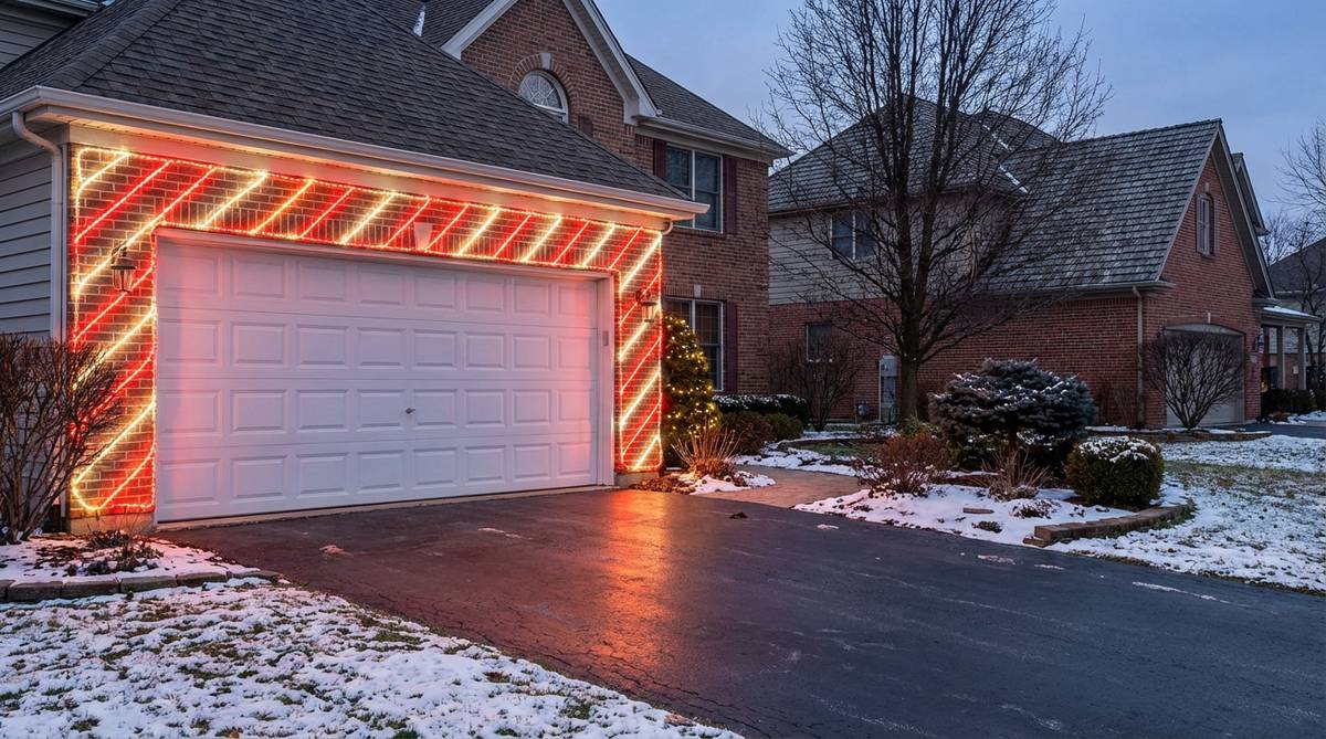 A creative outdoor Christmas decoration featuring diagonal red and white rope lights arranged in candy cane stripes across a garage door. The bold graphic design transforms the utilitarian surface into a playful holiday display that adds whimsy and visual impact from a distance. Outdoor-rated LED lights with secure mounting create crisp, festive lines for seasonal cheer.