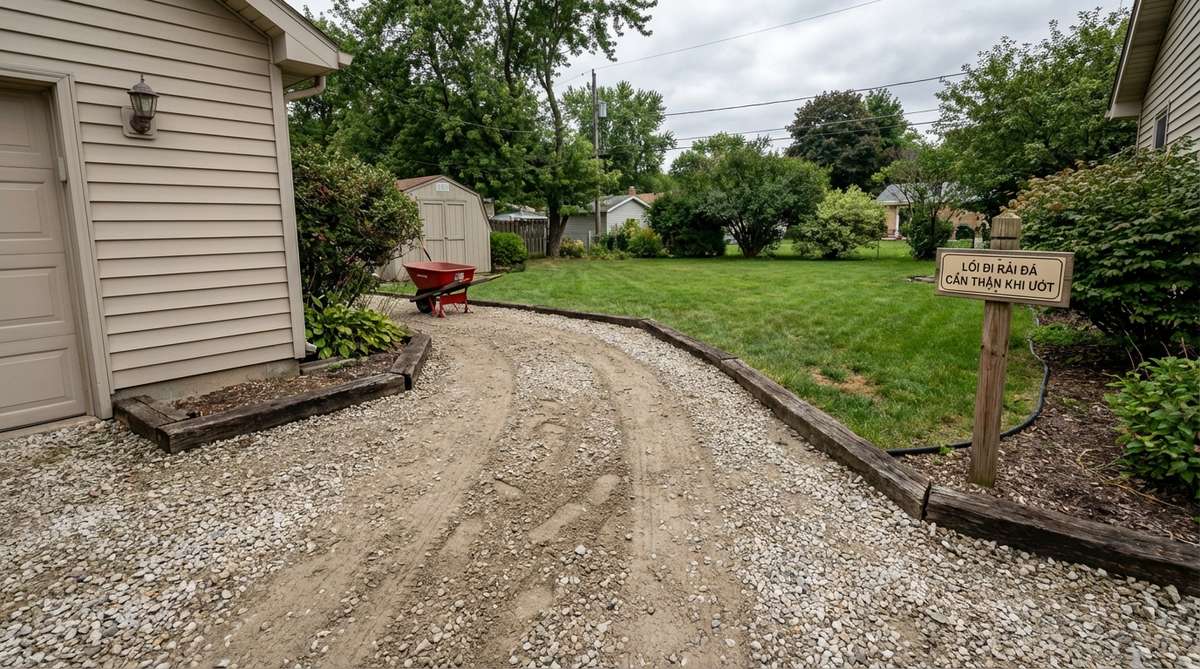 A durable gravel path connecting a garage to a backyard, designed for heavy use with wheelbarrows and equipment. Features crushed limestone or granite for firm footing, edged with timbers or steel, providing traction in wet conditions.