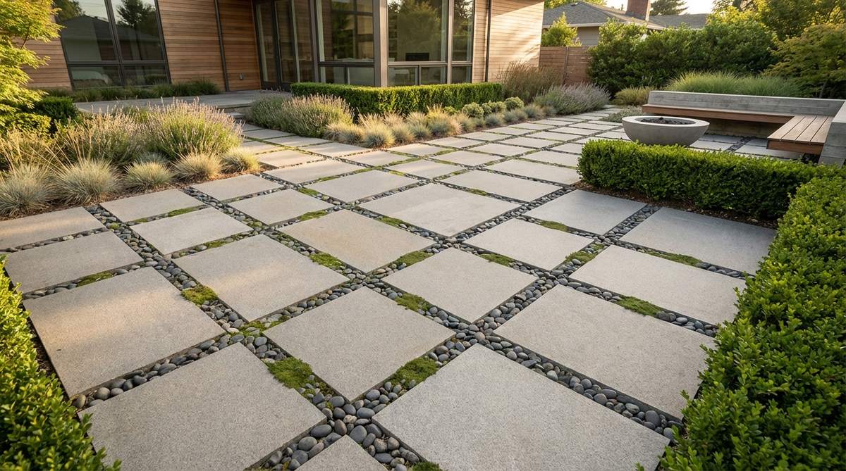 A modern stone garden design featuring uniform square pavers arranged in a precise grid pattern, with moss or gravel joints spaced 2-4 inches apart. This geometric layout contrasts beautifully with surrounding organic plant forms, making it ideal for contemporary architecture and minimalist aesthetics.