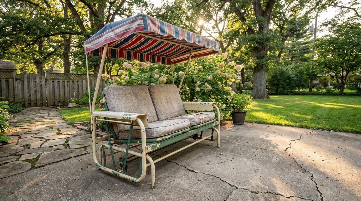 A vintage two-seater metal glider bench with a fabric canopy, featuring tubular metal frames and retro-striped awnings that evoke 1950s backyard leisure. The bench is shown on a level concrete surface, with the gliding mechanism visible, demonstrating shaded seating with gentle motion. The awning fabric displays classic stripes in faded colors, maintaining authentic vintage garden decor aesthetics.