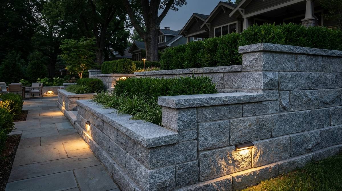 A precisely constructed stepped garden wall made from rectangular granite blocks, showcasing geometric precision and monumental strength. The uniform granite blocks create crisp corners and level tops, ideal for formal landscapes where architectural discipline matches home design. Ground-level lighting highlights the stone's crystalline structure at night.