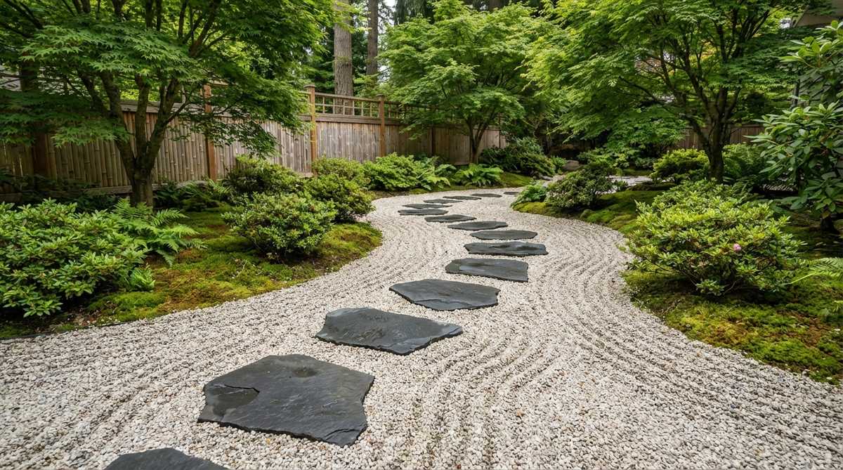 Flat slate or granite stepping stones embedded in fine crushed granite gravel, with darker stones contrasting against light-colored gravel to create clear visual definition. The stones sit flush with or slightly above the gravel surface, allowing for raking patterns around them to create dynamic designs in a Japanese garden setting.