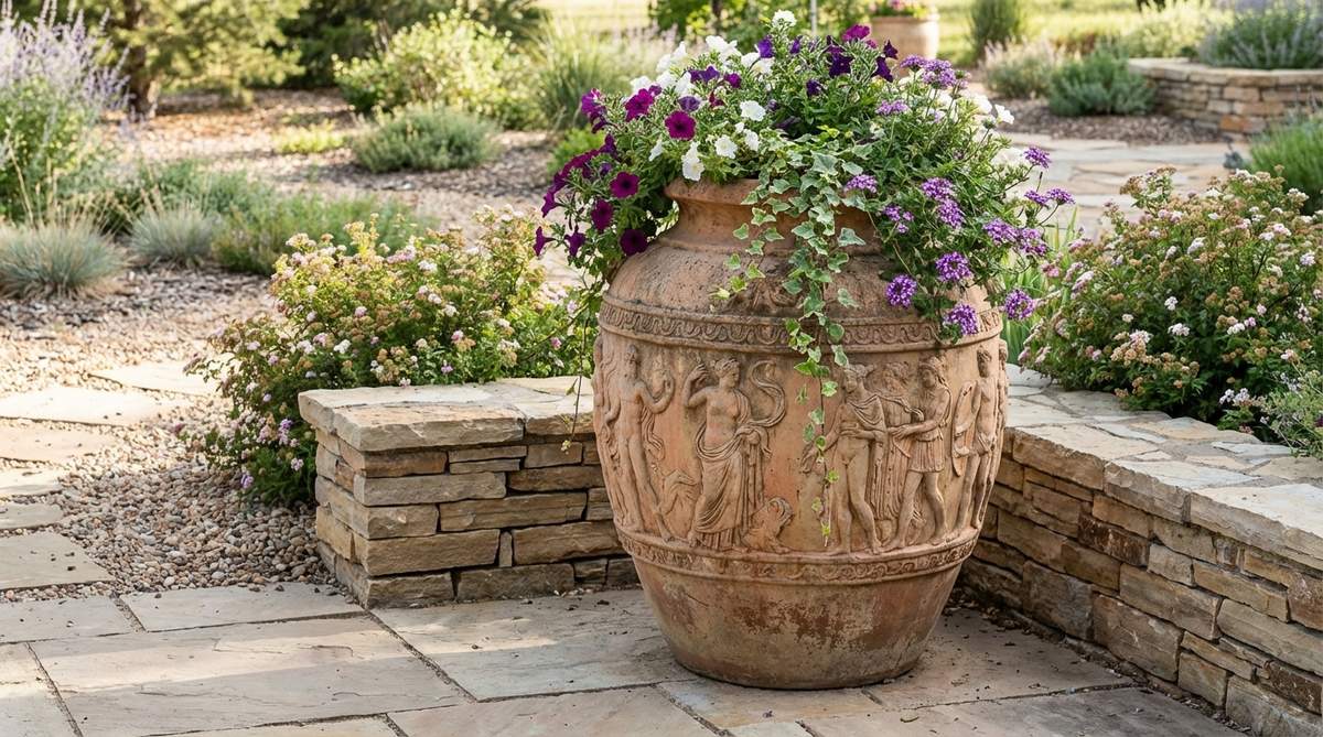 A relief-carved Grecian urn depicting mythological scenes, serving as both a planter and sculpture in a stone garden. The urn features intricate bas-relief details with carved narratives that wrap around the vessel, ideal for flanking entrances or marking transitions between formal and informal garden areas, filled with cascading annuals that spill over the edges without obscuring the artwork.