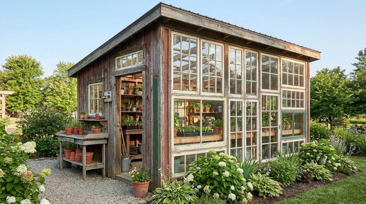 A cozy garden shed featuring a wall built from reclaimed windows, showcasing eclectic character and maximizing natural light for plant propagation. The shed uses vintage putty and traditional glazing techniques, with visible original hardware and paint remnants, positioned to face south for optimal sun exposure.
