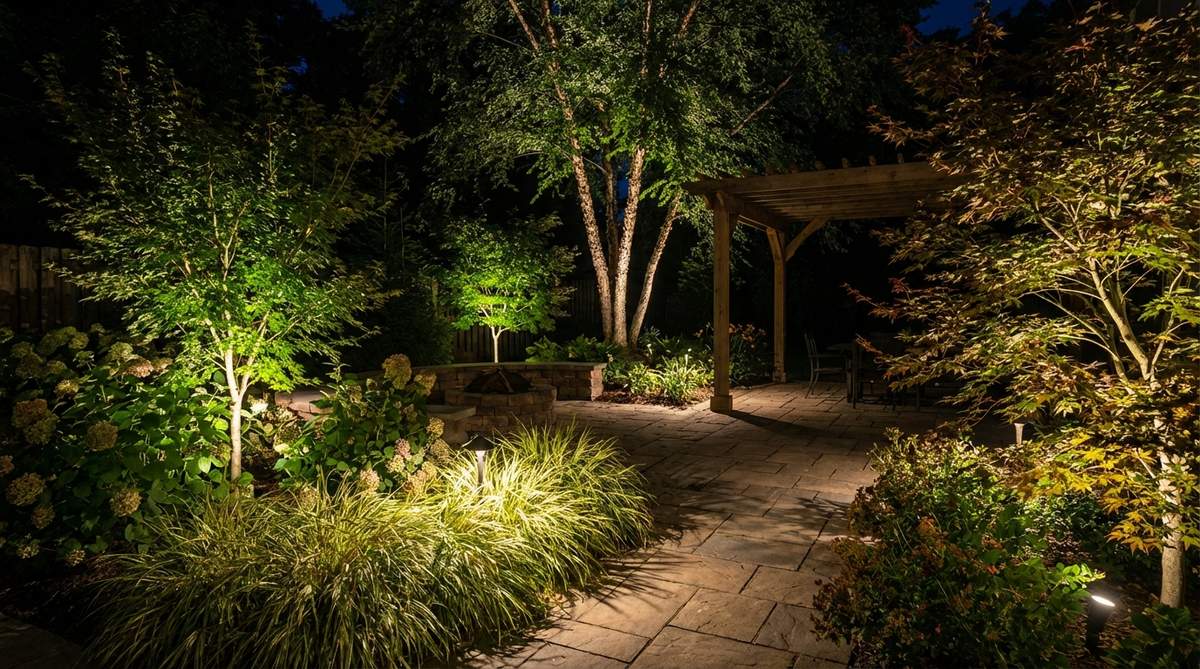 LED spotlights placed at the base of plants and shrubs create dramatic uplighting effects for outdoor decor parties, washing foliage with warm white or green tones to enhance natural beauty and add theatrical depth with layered shadows.