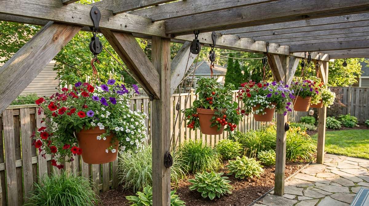 A photo showing multiple hanging baskets suspended from overhead beams or pergola crossbars in a small backyard garden. The baskets feature trailing plants like petunias, bacopa, and tumbling tomatoes, spaced 24-30 inches apart for air circulation. A pulley system is visible for easy maintenance, illustrating an efficient use of vertical space without competing with ground plantings.