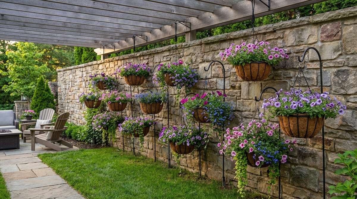 A decorative garden wall featuring hanging baskets arranged in a cascading waterfall effect. Shepherd hooks or ceiling-mounted brackets support baskets at staggered heights, creating a vertical display with trailing plants like petunias, calibrachoa, and lobelia spilling downward. The baskets are spaced 24-30 inches apart horizontally and vary by 12-18 inches vertically, with adjustable ropes or chains for precise positioning as plants grow.