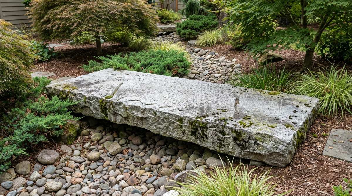 A rustic hewn granite slab bridge with natural edges spanning 4-6 feet across a narrow stream in a zen garden. The hand-hewn surface shows visible chisel marks and irregular edges, creating an ancient aesthetic. The bush-hammered top provides slip resistance while maintaining the stone's rustic character. Silver-gray granite with developing green and black lichen adds organic texture and depth to this substantial crossing over a dry riverbed.