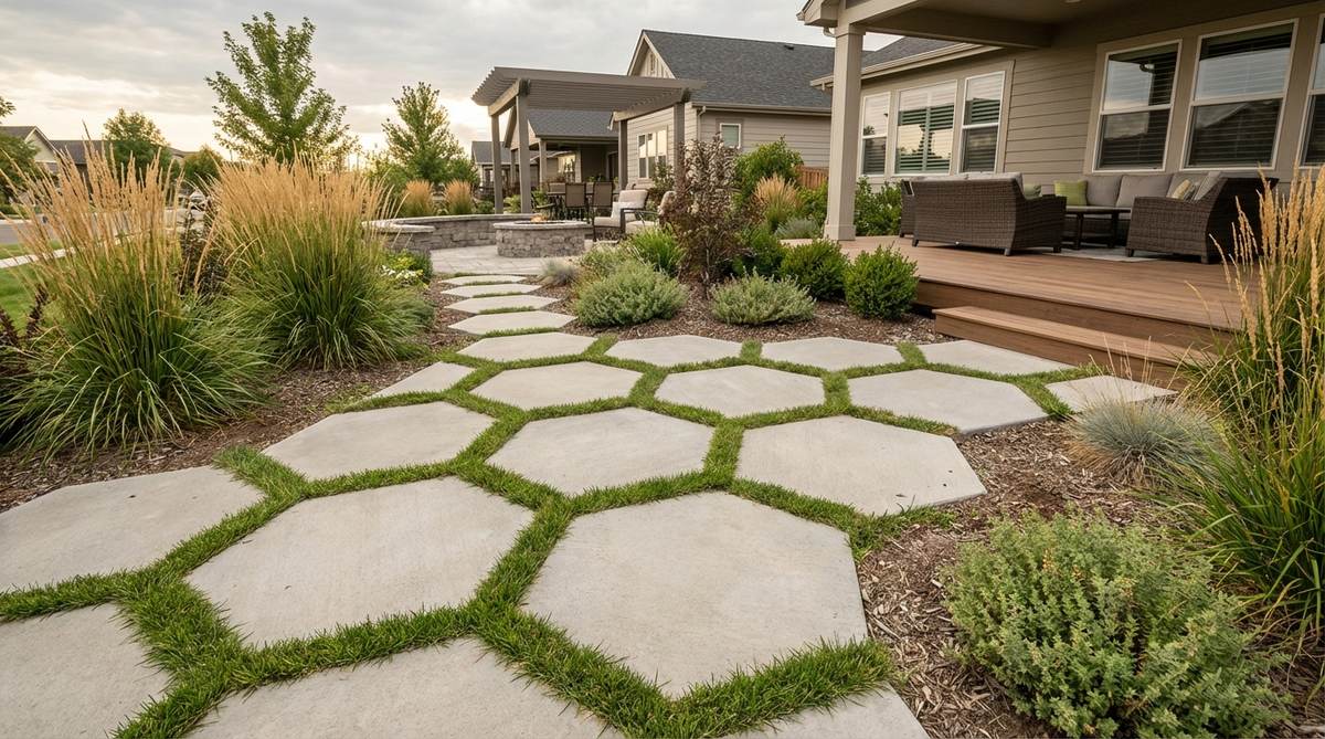 A modern garden stepping stone layout featuring hexagonal concrete pavers arranged in a honeycomb pattern. The geometric tessellation creates distinct stepping zones with minimal gaps between pieces, allowing grass to grow through the joints for a hybrid paved-and-turf surface. This efficient weight-distribution design is ideal for high-traffic garden areas.