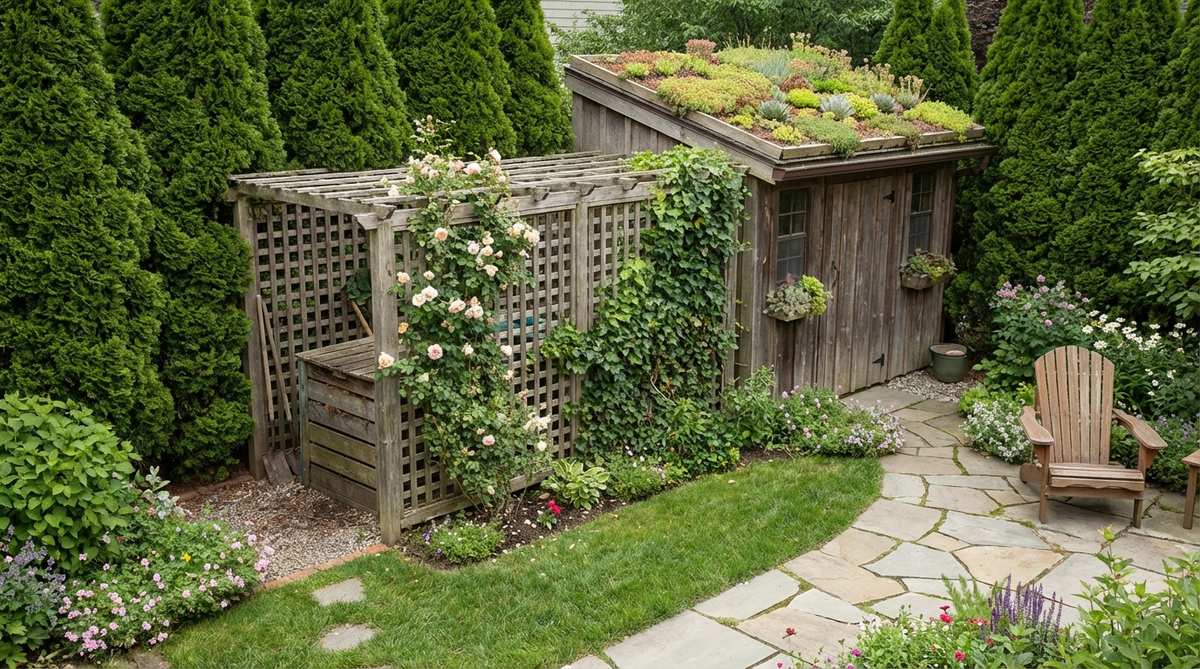 A small garden with a hidden utility zone, featuring a lattice screen concealing a composting area and tool storage, with evergreen hedges and a compact shed with a green roof that doubles as a planting platform to maximize space.