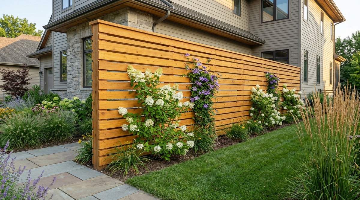 A modern garden trellis featuring horizontal cedar planks with deliberate spacing, creating a fence-trellis hybrid that provides privacy while supporting climbing plants like hydrangeas or clematis. The warm honey tones of the cedar soften modern architecture while the horizontal lines emphasize garden width.