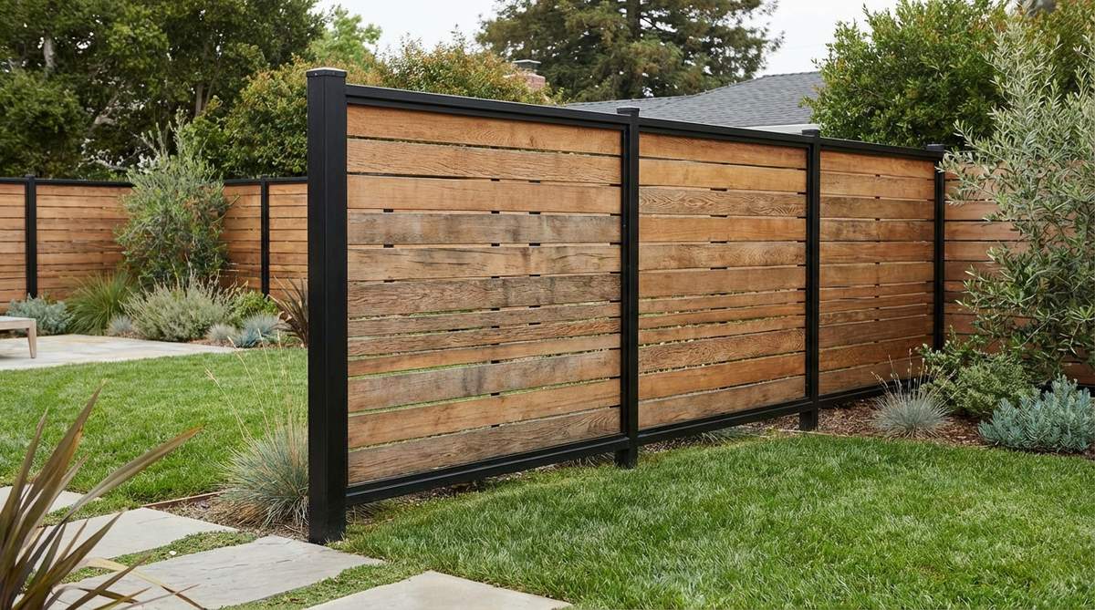 A modern garden fence featuring horizontal timber slats housed within a powder-coated metal frame. The design combines natural wood texture with industrial precision, with black metal frames creating striking contrast against natural cedar slats. This hybrid construction is ideal for coastal areas where metal frames resist salt corrosion better than traditional wood posts.
