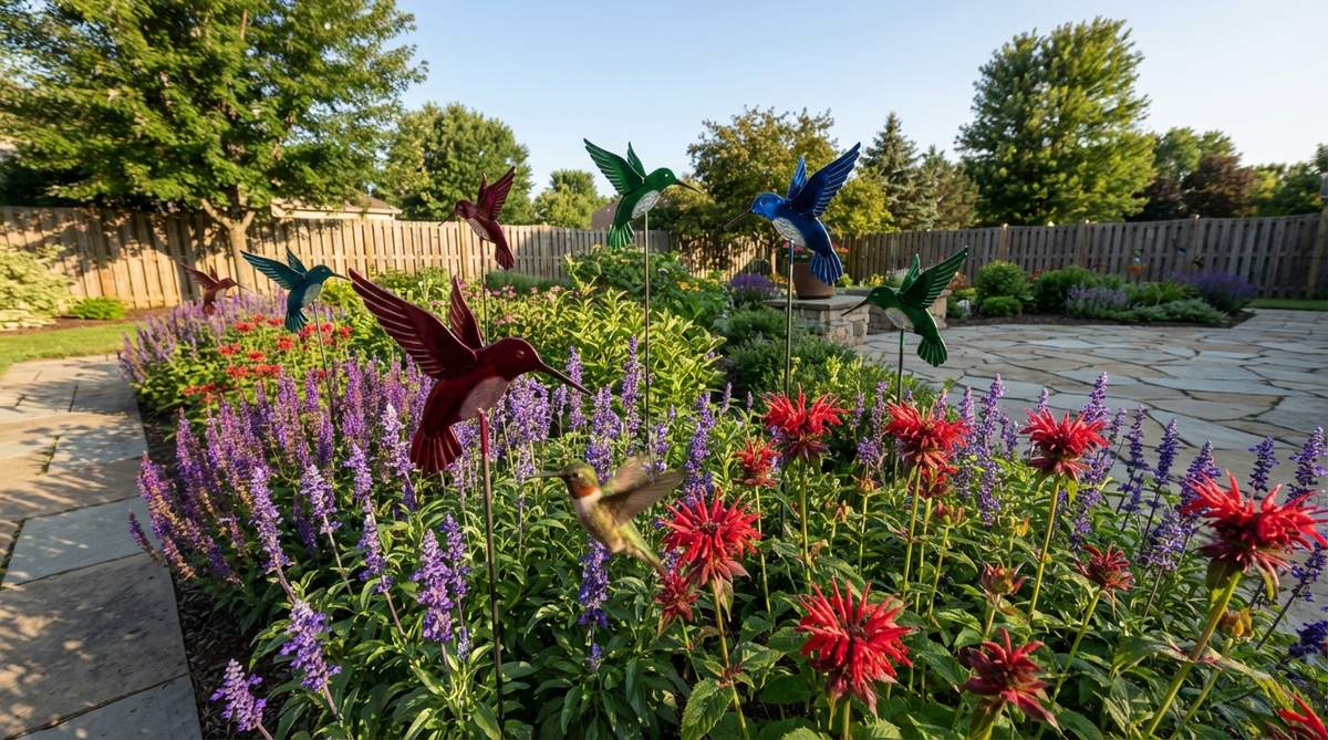 A set of metallic hummingbird stakes in ruby, emerald, and sapphire tones, positioned near flowering plants like salvia and bee balm to create the illusion of active feeding and dynamic movement in a garden.