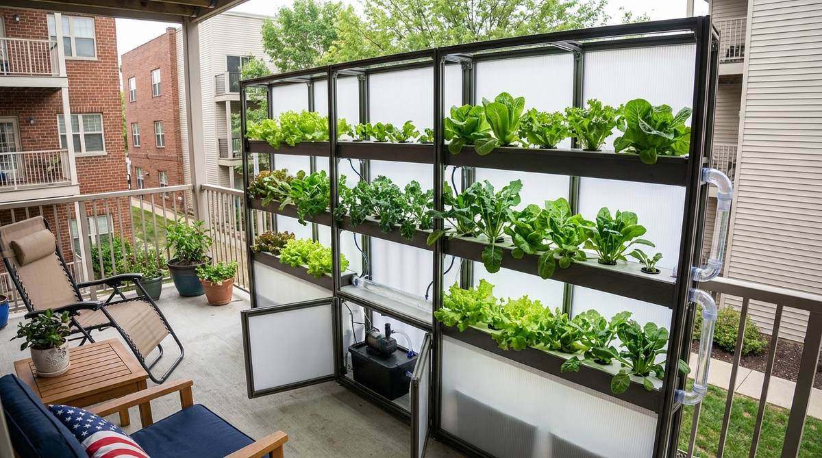 A modern hydroponic wall system mounted on a balcony, featuring leafy greens like lettuce and kale growing in soil-free panels with recirculating water, showcasing clean design and automated pump cycles for efficient urban gardening.
