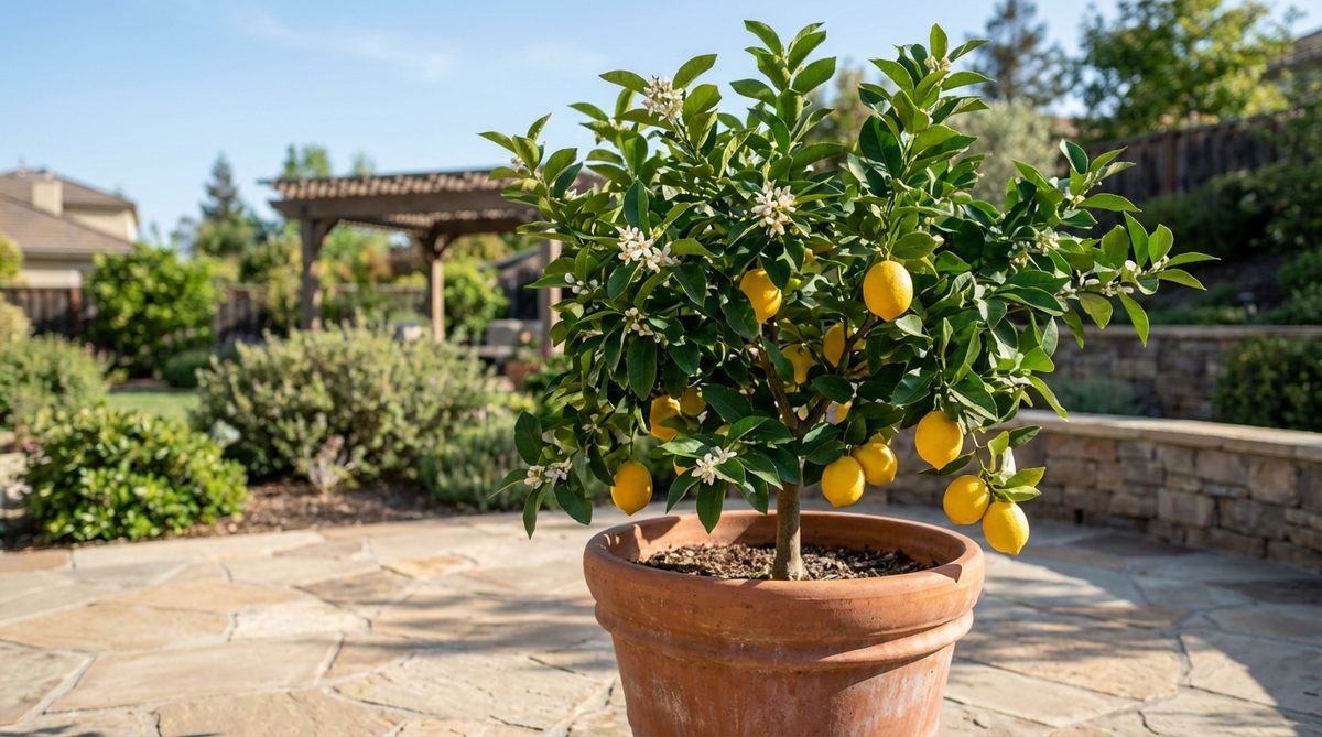 A compact Improved Meyer Lemon tree growing in a 20-gallon container, featuring glossy green leaves, white fragrant flowers, and ripe deep yellow lemons. This small garden tree is ideal for patios or indoor cultivation near bright windows.