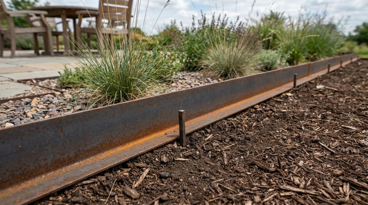 Close-up photo showing L-shaped angle iron edging installed in a modern garden, with one leg buried in soil and the other exposed to create a clean 1-2 inch tall barrier. The raw steel surface shows natural rust patina developing, with visible stakes securing the edging every 3-4 feet. In the background, plants and mulch contrast with the industrial material, demonstrating how this budget-friendly option provides durable landscape definition.
