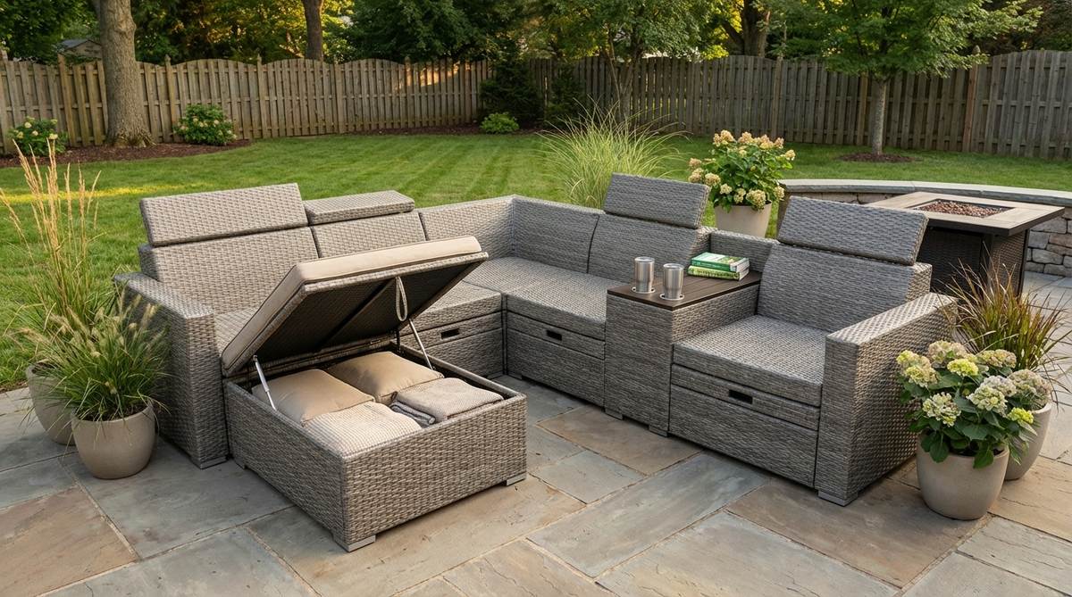 A modern garden furniture set featuring an integrated storage sectional with ottoman compartments. The ottoman bases have hidden storage for cushions, throws, and outdoor accessories, with gas-assisted lids for smooth opening and waterproof interiors. Seat backs include adjustable headrests for comfort, and the resin wicker construction resists moisture and temperature changes. Corner sections have built-in side tables with cup recesses, ideal for reducing clutter in small outdoor spaces.