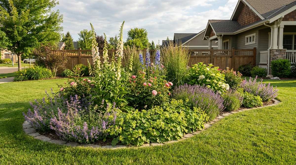 A freestanding island bed in a lawn setting, featuring organic kidney or teardrop shapes with tall plants off-center, mid-height perennials, and low sprawlers to blur the boundary between bed and lawn, illustrating cottage garden design principles.