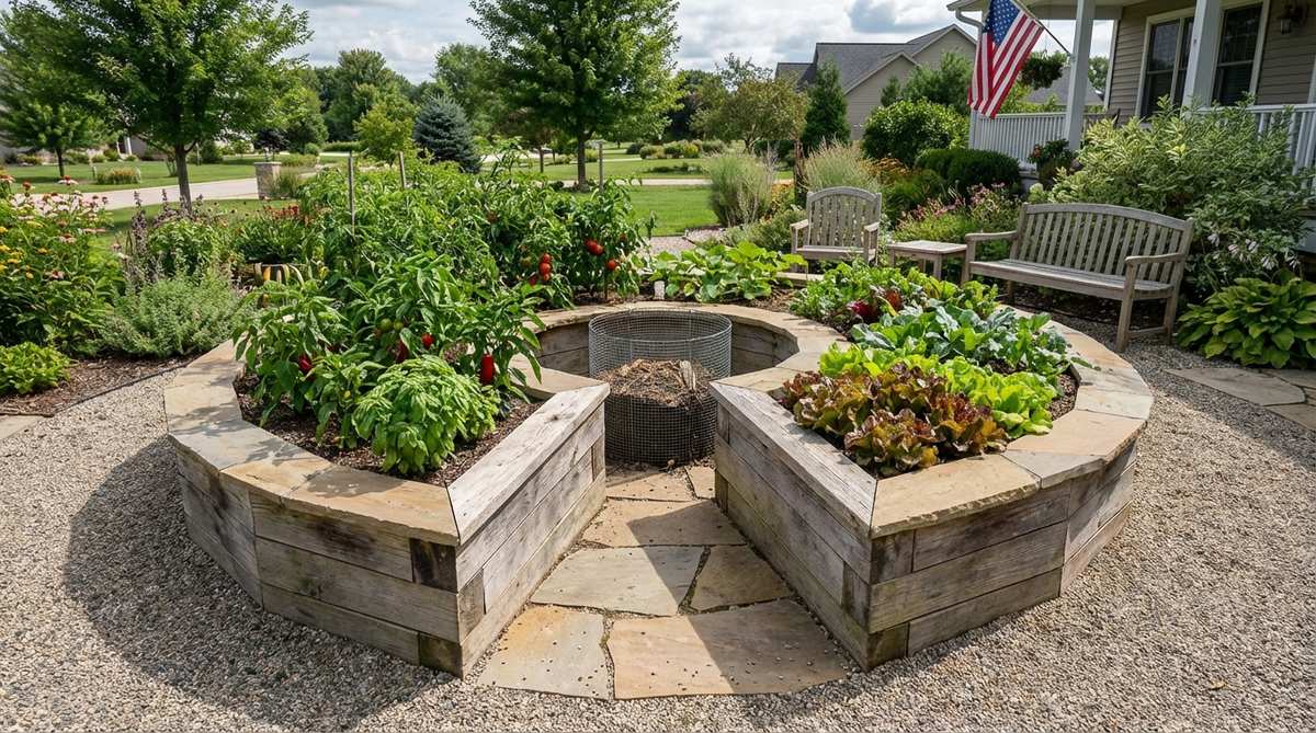 A circular raised garden bed with a wedge-shaped keyhole opening leading to a central compost basket, allowing easy access to all planting areas without stepping on soil. The design features a raised perimeter to protect crops and maintain ergonomic working height.