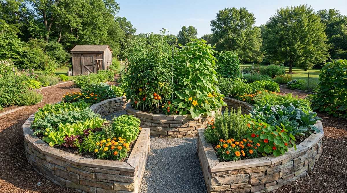 A top-down view of a keyhole-style compact veggie bed, showing a circular or square raised bed with a narrow walkway notch cutting into the center, surrounded by lush greens and dense planting. The design features a central area for tall crops and outer edges for low greens and flowers, all reachable from the path, maximizing planting space while creating an immersive garden experience.