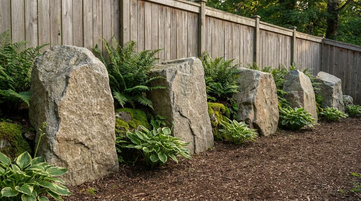 A linear arrangement of large boulders positioned against a property line or fence background, creating vertical dimension in a flat garden bed. The boulders are arranged with their flattest faces forward and tallest dimensions vertical, simulating exposed bedrock. Shade-tolerant plants like ferns or hostas are growing in the protected microclimates behind each stone where moisture accumulates.