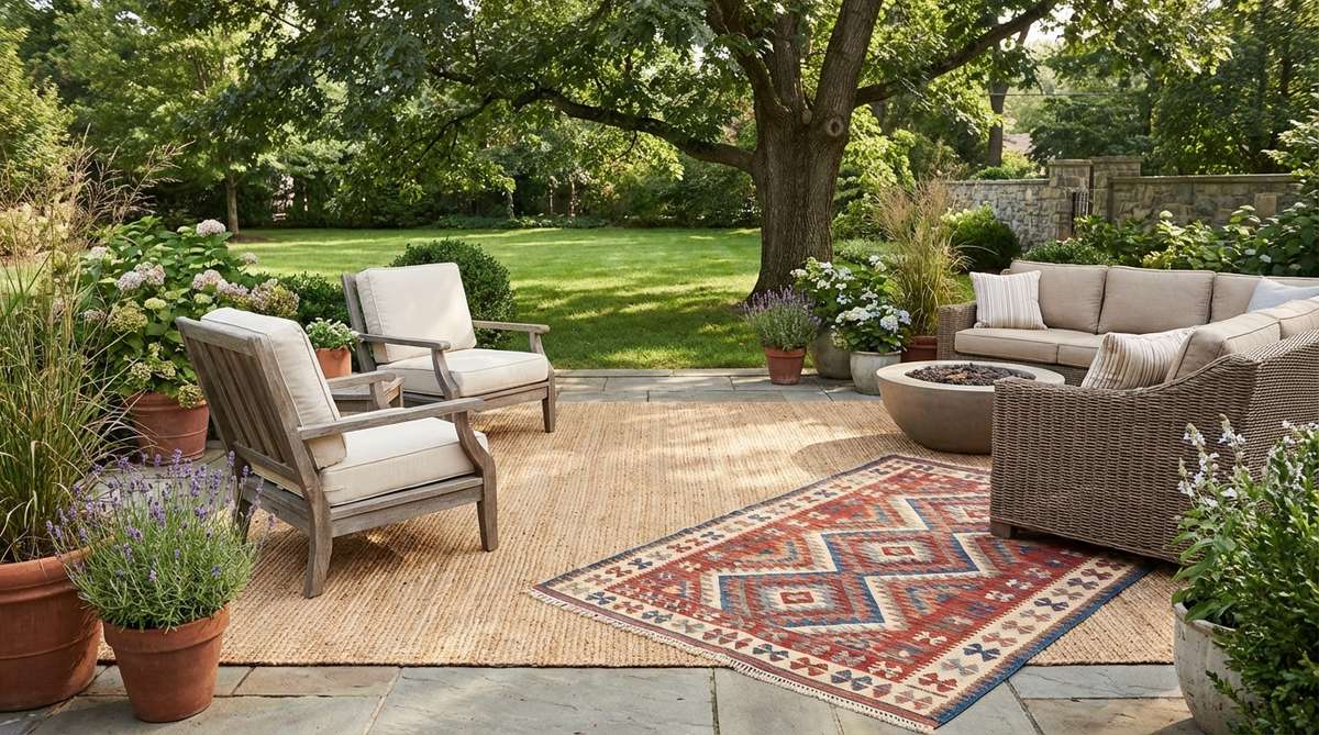 A layered rug arrangement showing a large natural jute base rug with a smaller patterned kilim rug placed at an angle on top, creating depth and defining a seating area in a boho-style living room.