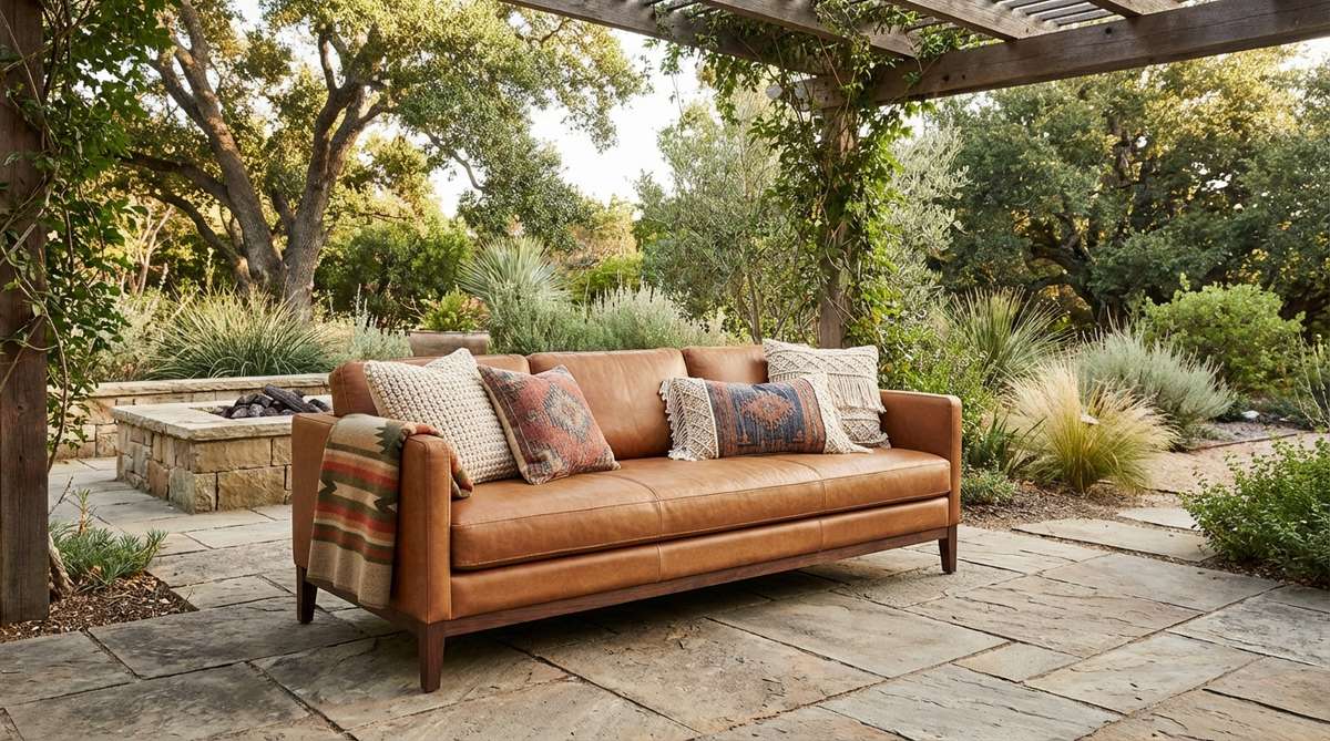 A cognac leather sofa with an exposed wooden base and clean lines, blending industrial minimalism with bohemian character. Styled with woven throw pillows in chunky knits, kilim patterns, and macrame details, plus a vintage wool blanket draped over the arm for added texture and color.