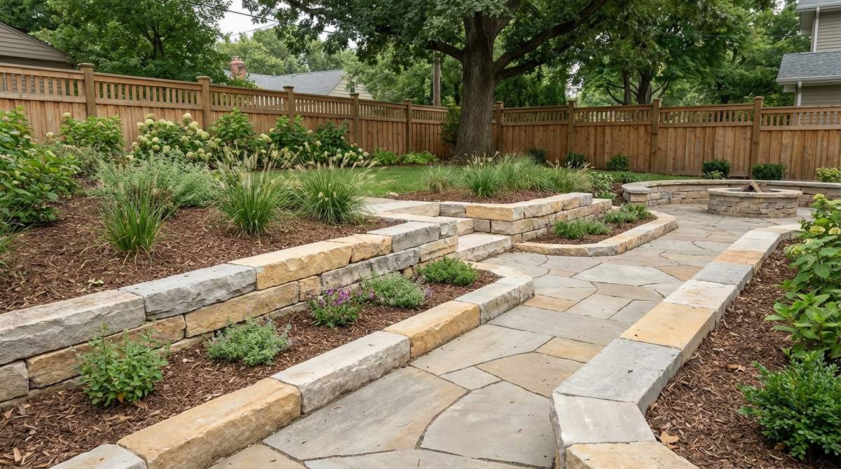 Sawn limestone blocks in warm buff and gray tones used as garden edging, providing straight edges and consistent thickness for easy installation. Ideal for subtle definition or stacking to retain low berms, with a weathered patina developing over time.