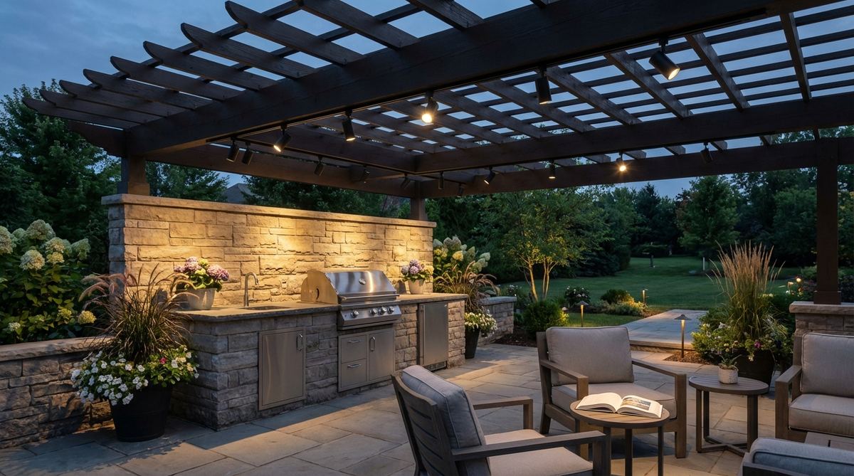 Modern aluminum linear track lighting system mounted along pergola beams with adjustable LED heads angled to highlight architectural details and plantings. Dimmable system provides directed task lighting for cooking zones and reading areas.