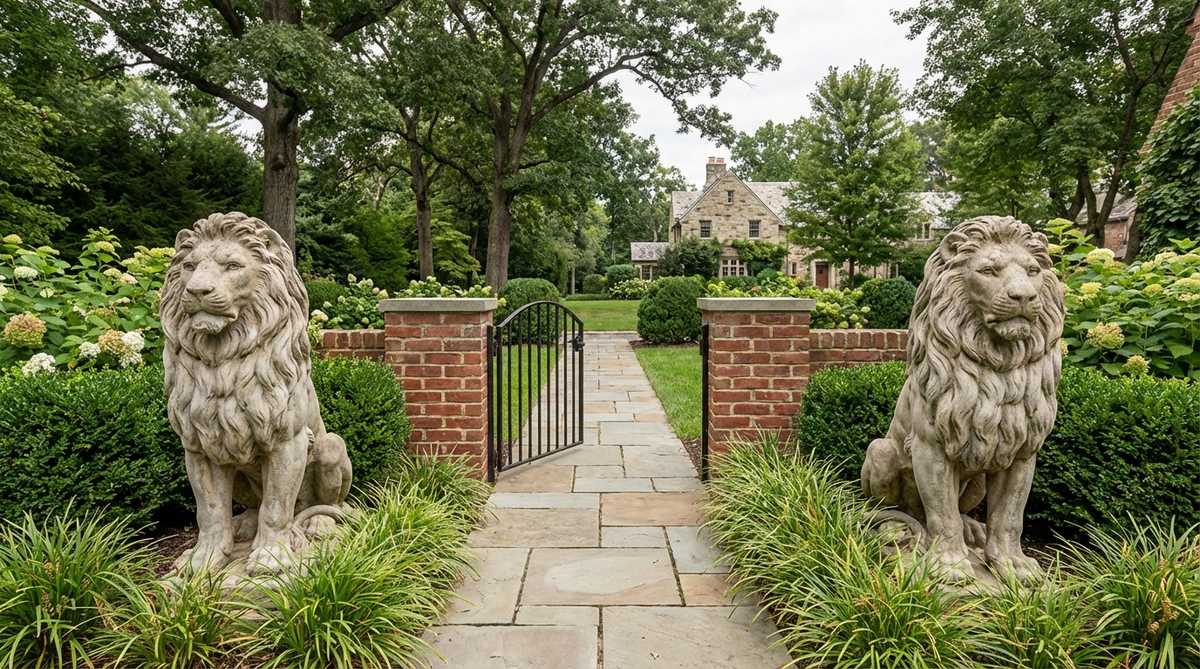 A pair of symmetrical seated or recumbent lion statues flanking a garden entrance, showcasing detailed manes and muscular definition in cast stone, measuring 24-36 inches long for formal balance in outdoor spaces.