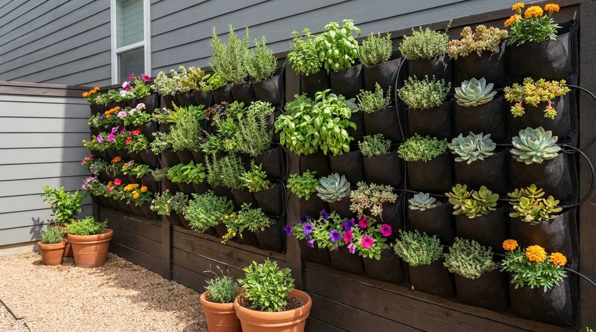 A modular living wall planter system mounted on a fence or siding, featuring lush vertical displays of shallow-rooted herbs, succulents, or annuals in pocket planters with integrated drip irrigation for easy maintenance in small front gardens.