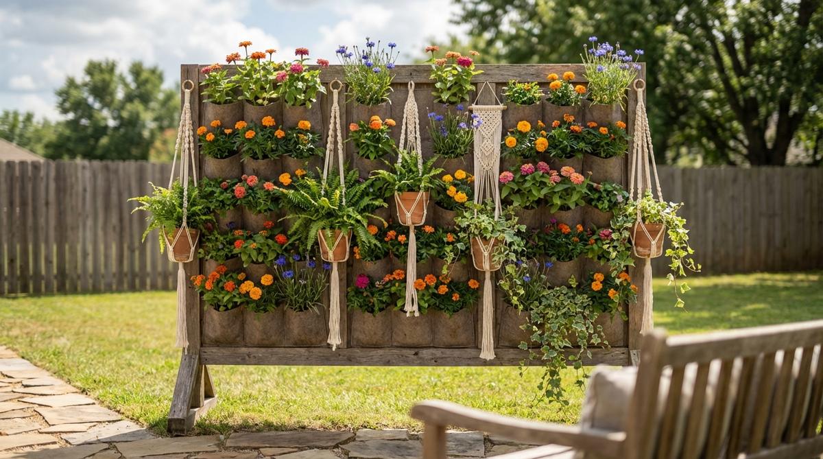 A vertical garden backdrop for boho weddings, featuring modular pocket planters filled with hardy wildflowers such as zinnias, marigolds, and bachelor's buttons, interspersed with macrame hangers to add depth and texture, creating a layered, handcrafted look ideal for ceremony settings.