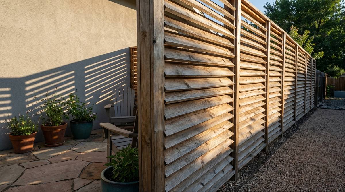 A close-up view of a louvered privacy slat fence in a small garden, showing angled wooden slats installed at 30-45 degrees to block views while allowing ventilation. The design is ideal for patios and seating areas near pathways, with slats positioned to deflect sightlines from common angles like windows or sidewalks. The angled arrangement creates dynamic shadow patterns that add depth to plain walls, and the configuration reduces wind resistance, making it suitable for windy locations.