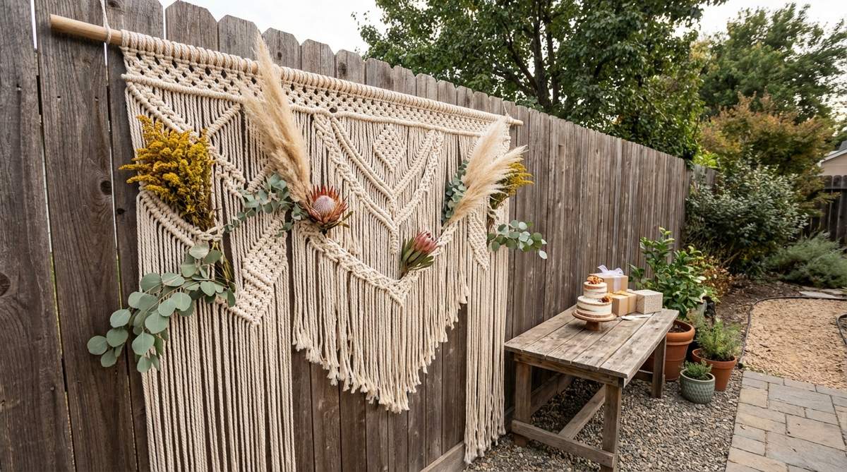A large macrame wall hanging mounted on a wooden frame or fence, featuring intricate knotwork with woven dried florals, pampas grass, and eucalyptus branches. This bohemian backdrop serves as a focal point for cake tables, gift areas, and photo stations at boho decor birthday events.