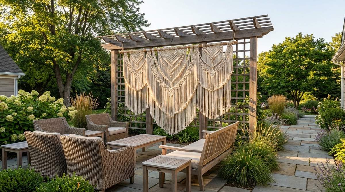 A large macramé wall hanging made of natural cotton cord with intricate knot patterns, displayed above a sofa in a boho-inspired living room. The textured fiber art adds dimensional interest and bohemian authenticity to the neutral decor.